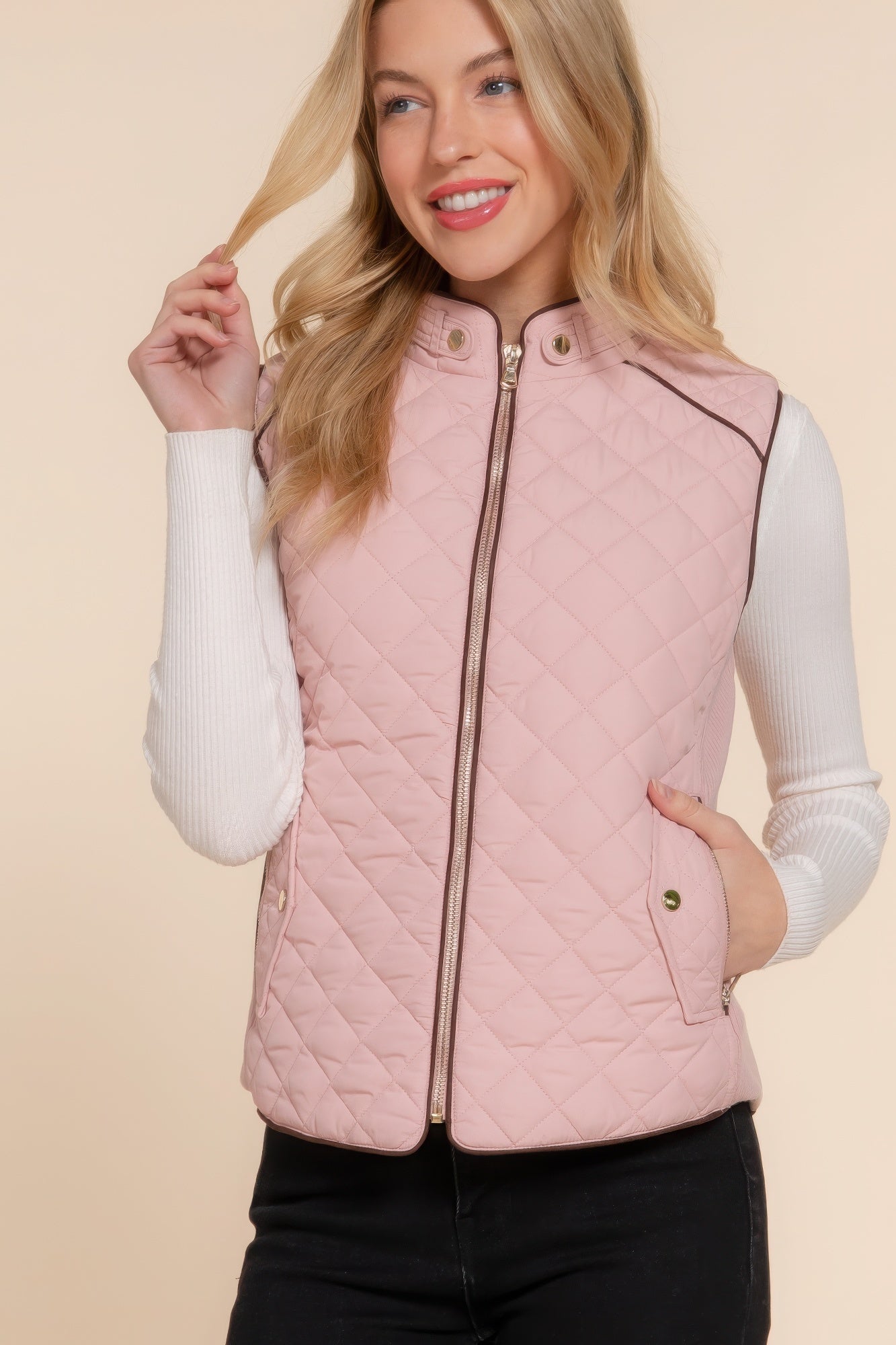 Suede Piping Quilted Padding Vest - Bejya