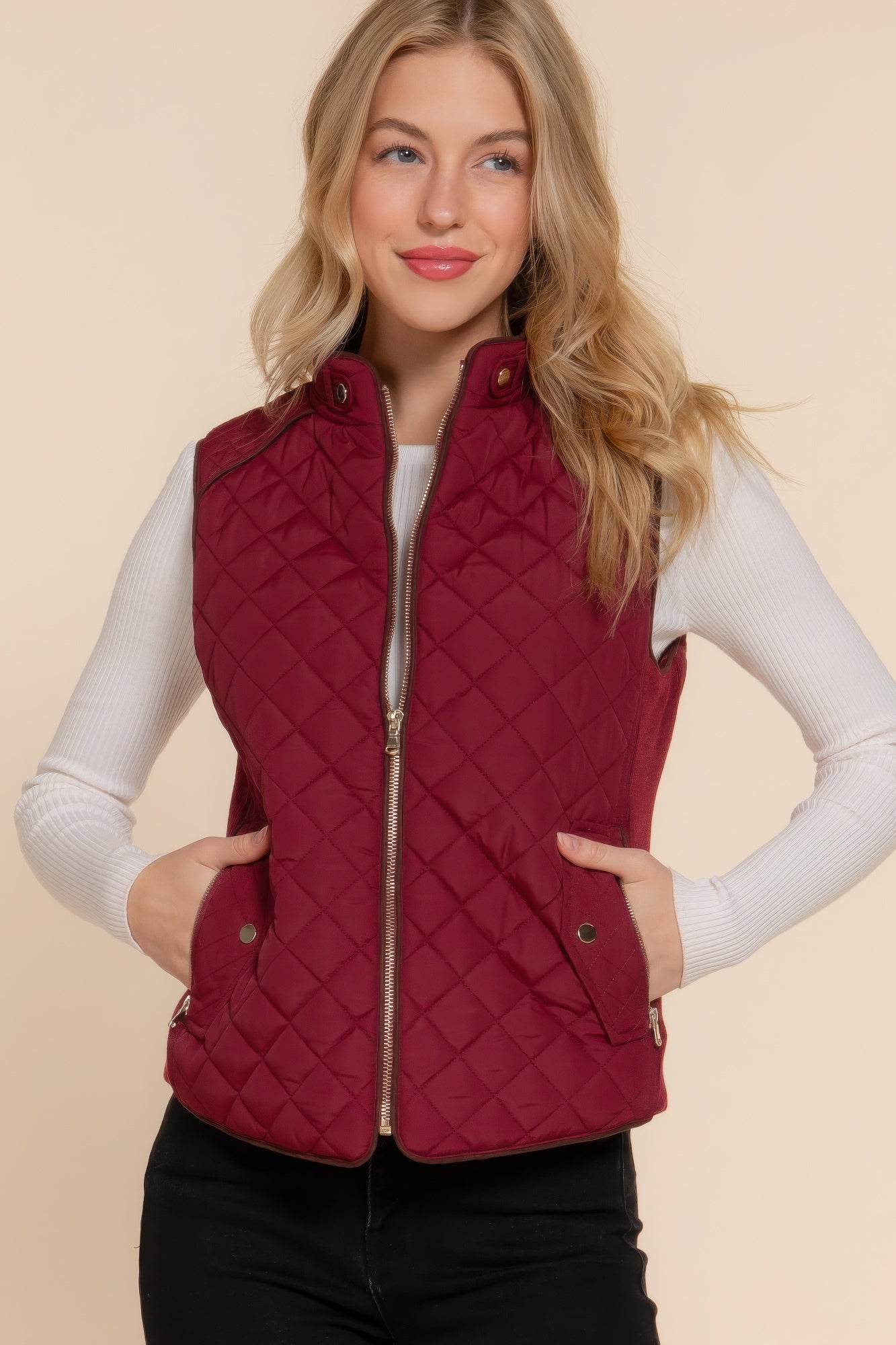 Suede Piping Quilted Padding Vest - Bejya