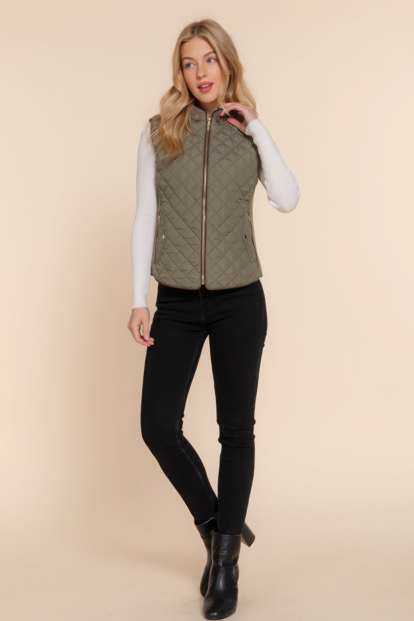 Suede Piping Quilted Padding Vest - Bejya