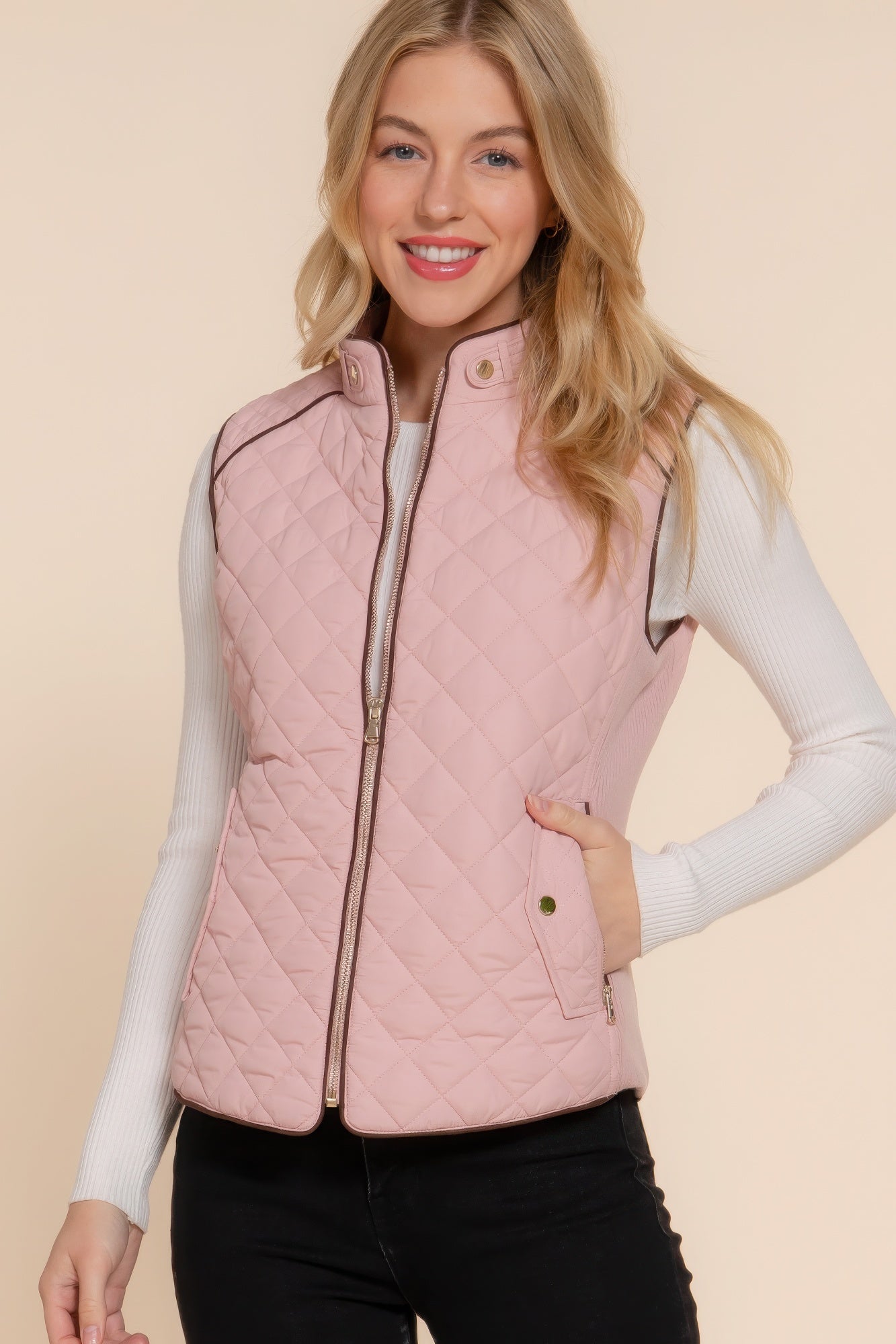 Suede Piping Quilted Padding Vest - Bejya