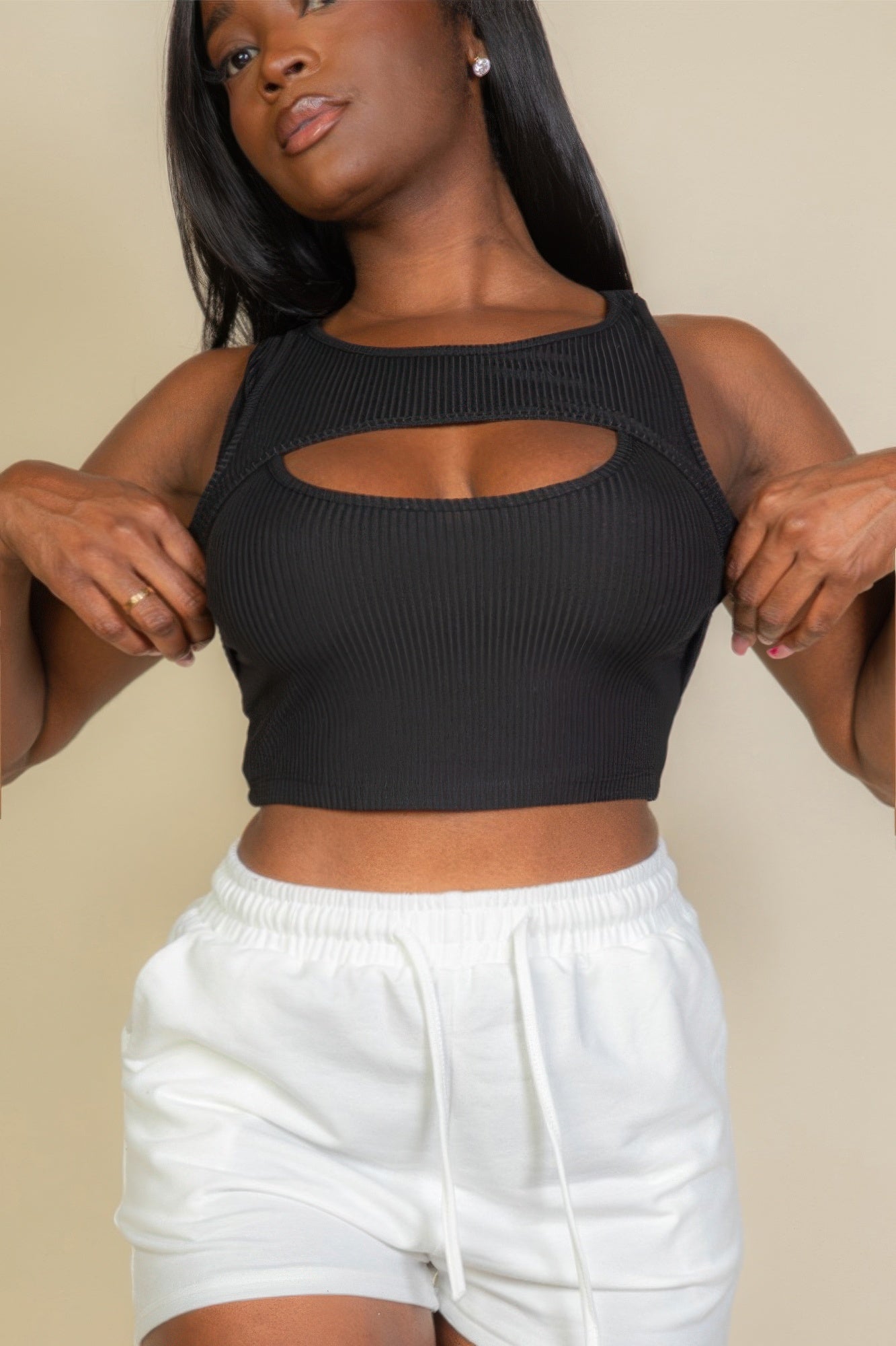 Ribbed Cut Out Front Crop Top - Bejya