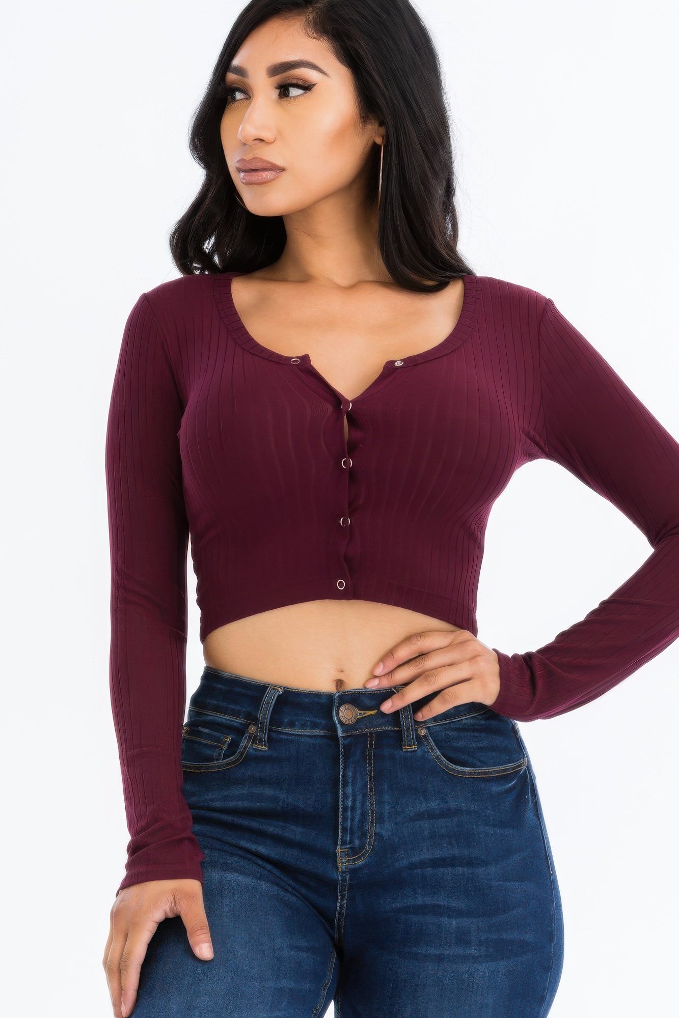 Ribbed Long Sleeve Snap Button | Crop Top - Bejya