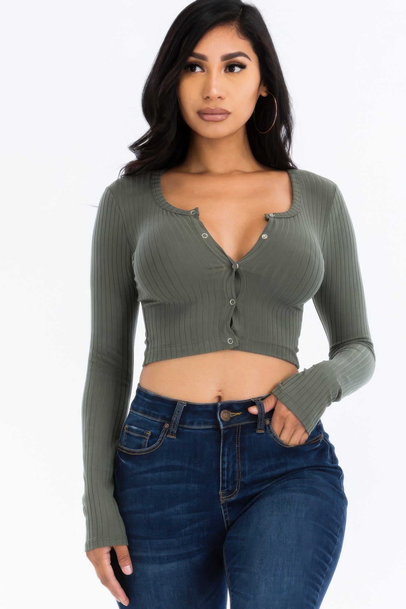 Ribbed Long Sleeve Snap Button | Crop Top - Bejya