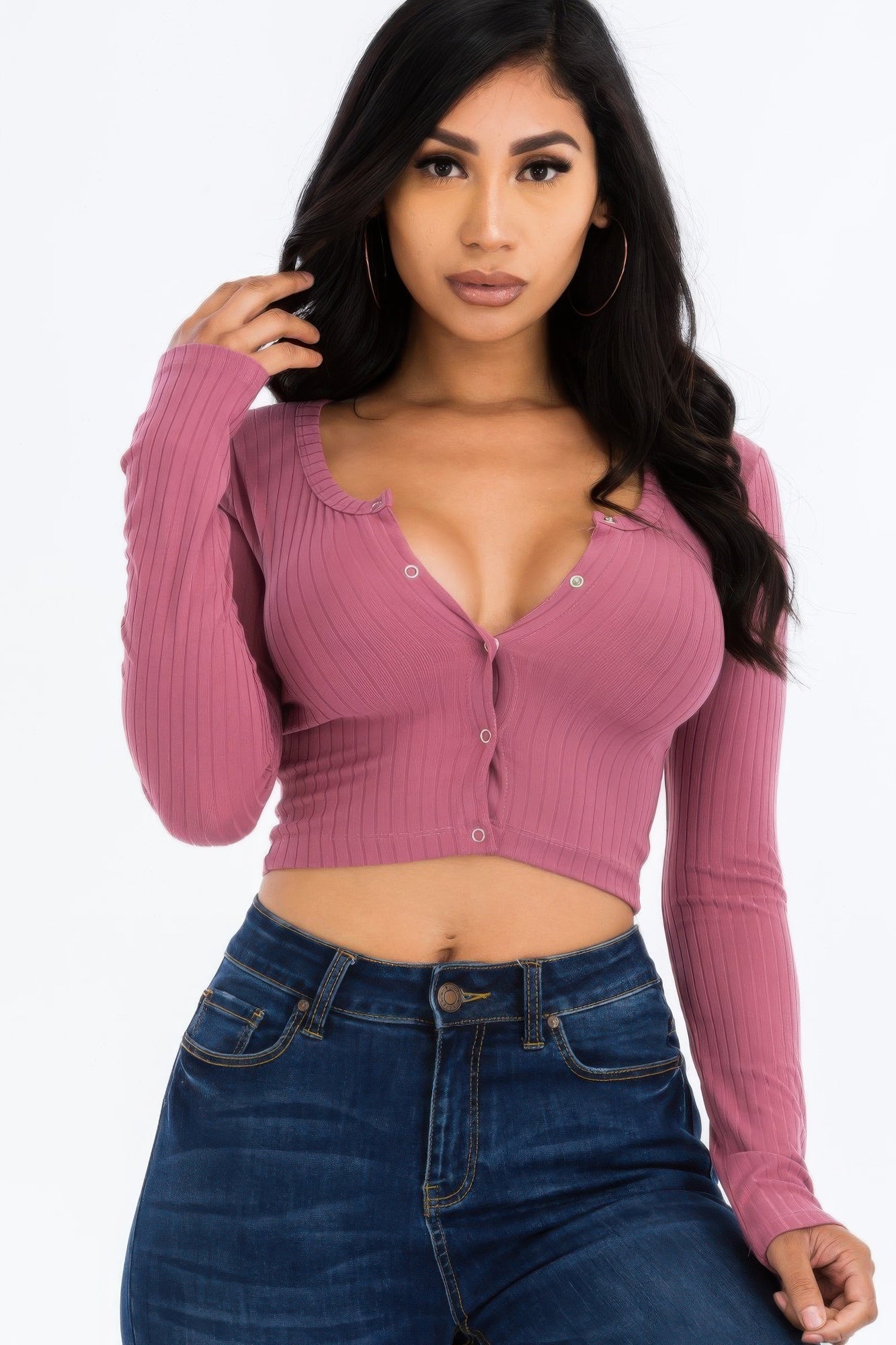 Ribbed Long Sleeve Snap Button | Crop Top - Bejya