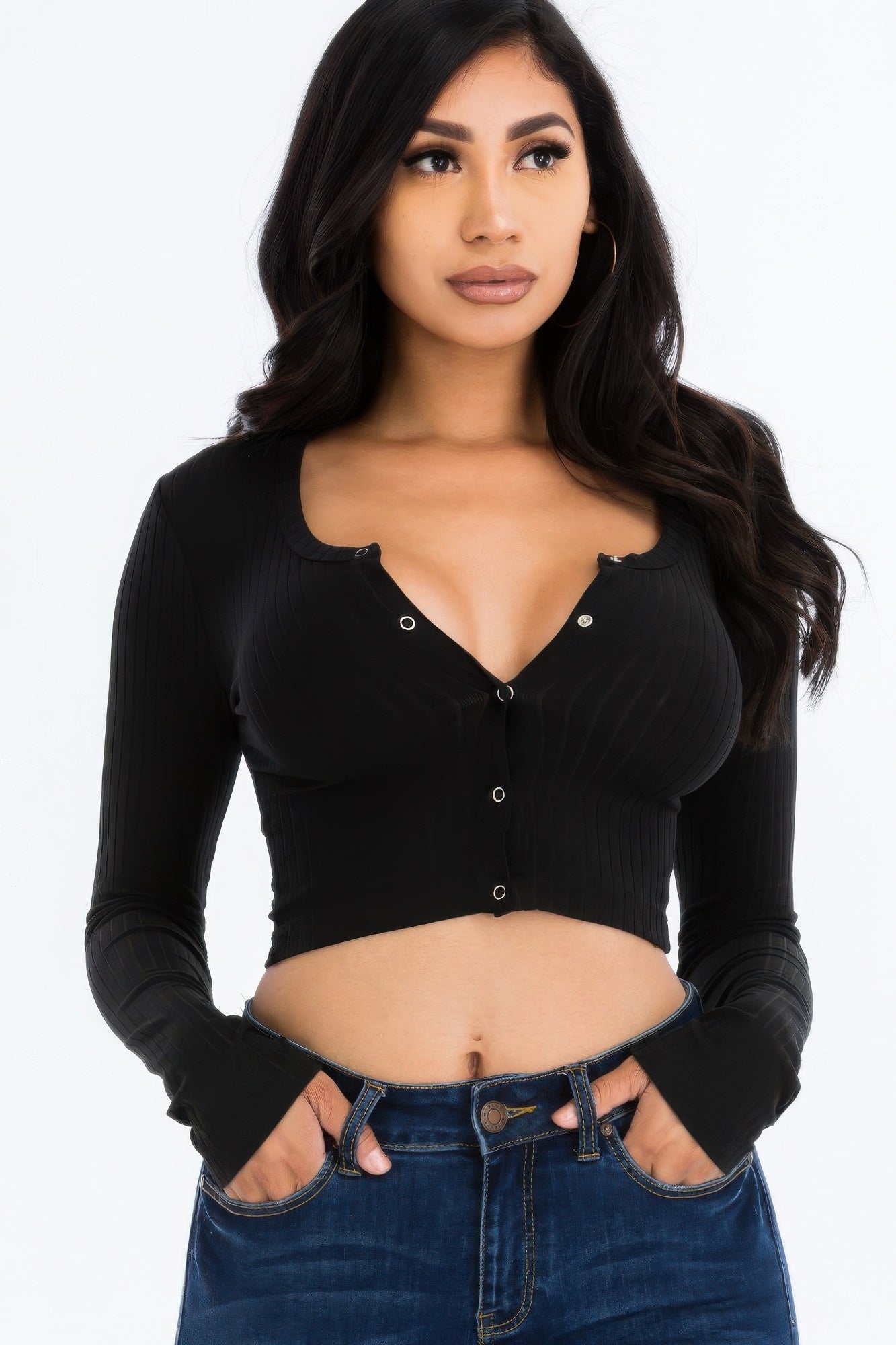 Ribbed Long Sleeve Snap Button | Crop Top - Bejya